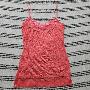 Maurices Y2K Crinkle & Lace Cami Tank Top Vintage Coral Pink NWOT